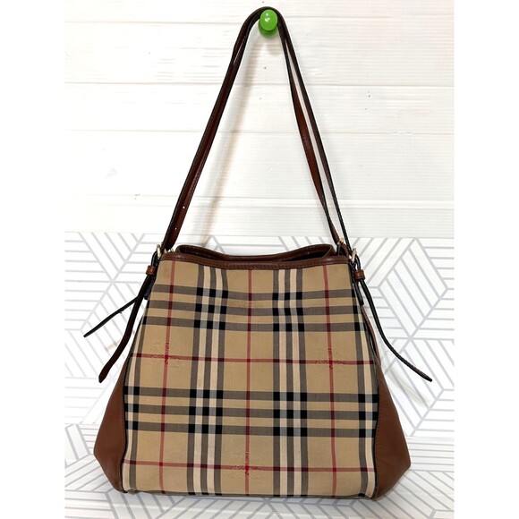 Burberry Handbags - Burberry Beige Brown Leather Haymarket Check Canterbury Tote Shoulder Bag Italy
